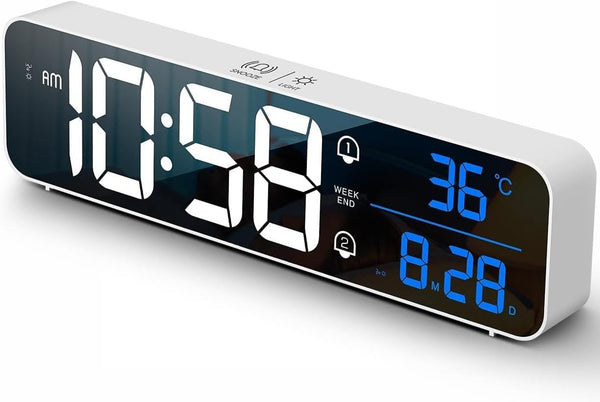 DUBKART Rechargeable LED Clock Large Display, Alarm, Snooze, Date & Temp