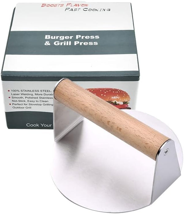 5.5 Inch Stainless Steel Smash Burger Press Kit with Wooden Handle