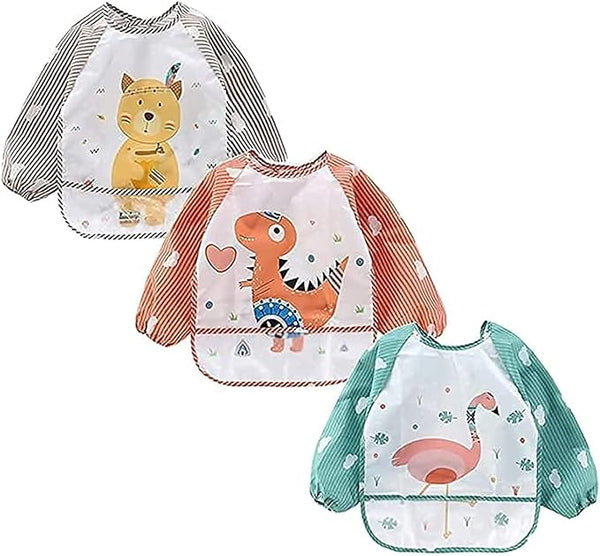 Baby Long Sleeve Waterproof Bibs - 3-Pack Full Coverage Smock with Pocket, 9-36 Months