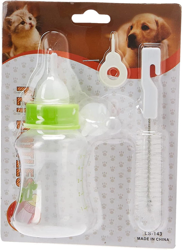 Portable Born Pet Kitten Puppy Nursing Care Feeding Milk Bottle Set With Spare Nipple And Brush Oral Syringe For Dog Cat ( Assorted Color )