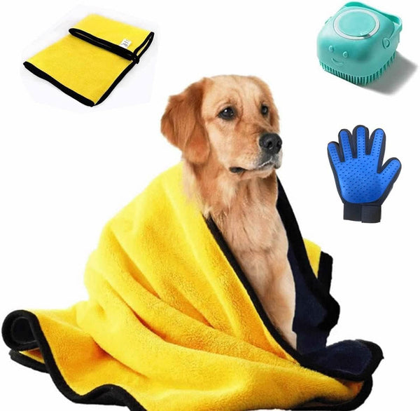 Dog Bath Grooming Kit - Microfiber Towel, Lick Mat, Shampoo Dispenser (3pcs)