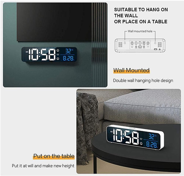 DUBKART Rechargeable LED Clock Large Display, Alarm, Snooze, Date & Temp