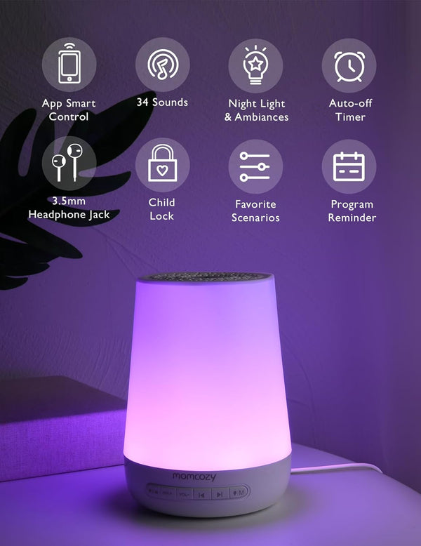 Momcozy Baby Sound Machine – 34 Sounds, Night Light, Timer, App Control