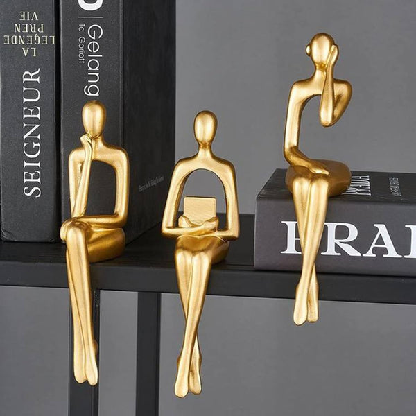 3 Piece Gold Statue Home Decor Set for Living Room, Table & Shelf