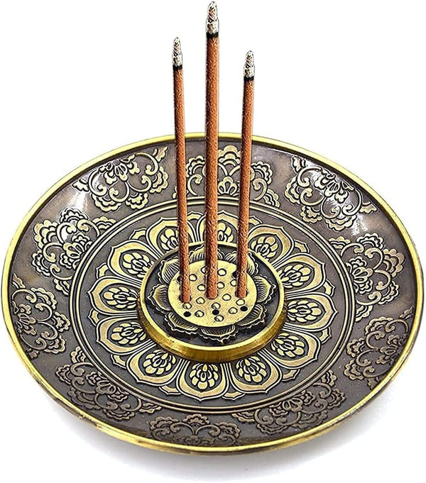 Brass Incense Stick Holder - 9 Holes with Detachable Ash Catcher (Round)