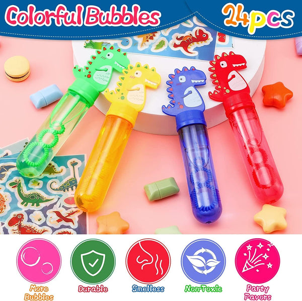 24 Pcs Dinosaur Bubble Wands & Stickers - Party Favors (Boys & Girls)