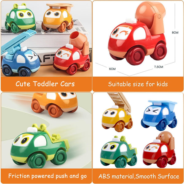 Pull Back Cars for Toddlers - Educational Vehicles, 1-3 Years, 4 Pack