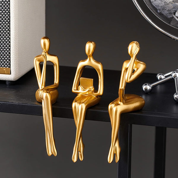 3 Piece Gold Statue Home Decor Set for Living Room, Table & Shelf