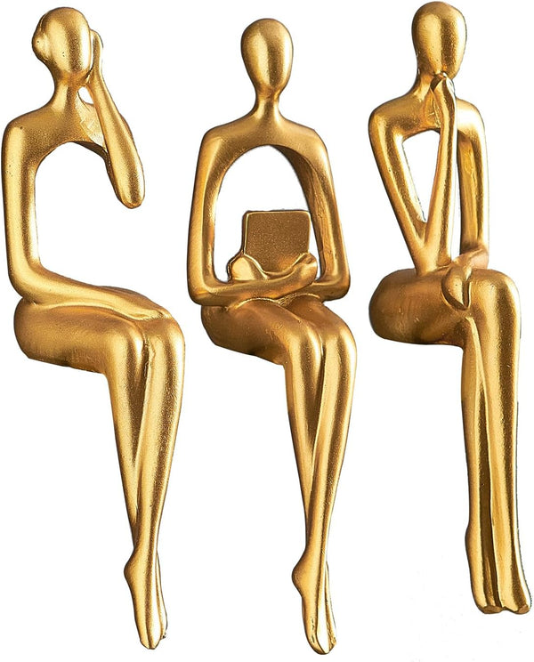 3 Piece Gold Statue Home Decor Set for Living Room, Table & Shelf