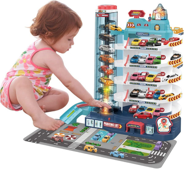 City Garage Playset - 5-Level Race Track, Toy Garage Parking Adventure with 8 Vehicles, Kids Playsets, 3-8 Years