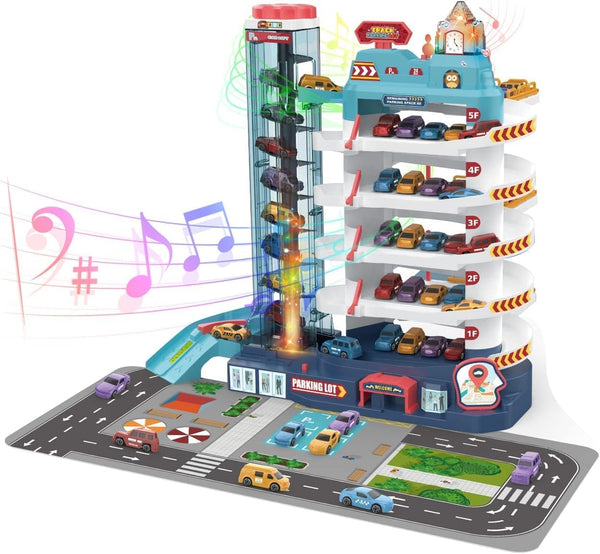 City Garage Playset - 5-Level Race Track, Toy Garage Parking Adventure with 8 Vehicles, Kids Playsets, 3-8 Years