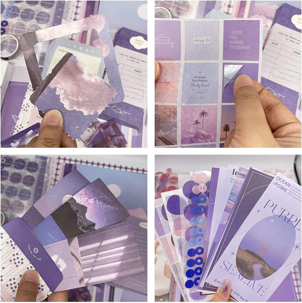 Aesthetic Scrapbook Kit - Bullet Journal, A6 Grid Notebook, Purple