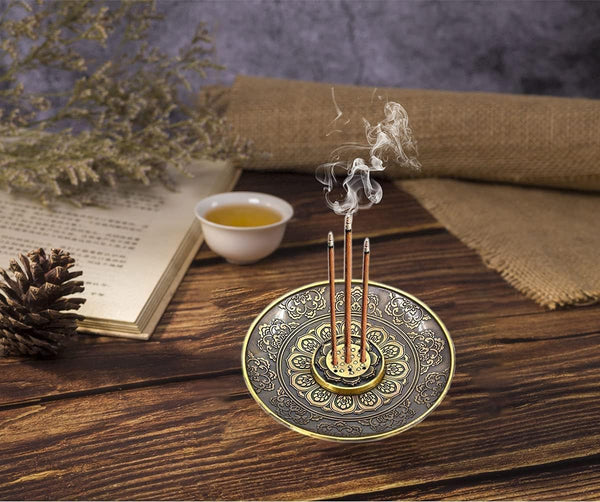 Brass Incense Stick Holder - 9 Holes with Detachable Ash Catcher (Round)