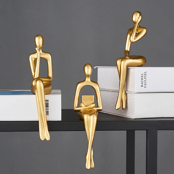 3 Piece Gold Statue Home Decor Set for Living Room, Table & Shelf