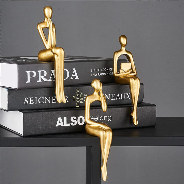 3 Piece Gold Statue Home Decor Set for Living Room, Table & Shelf