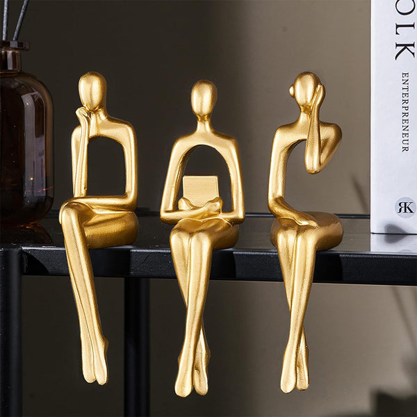 3 Piece Gold Statue Home Decor Set for Living Room, Table & Shelf