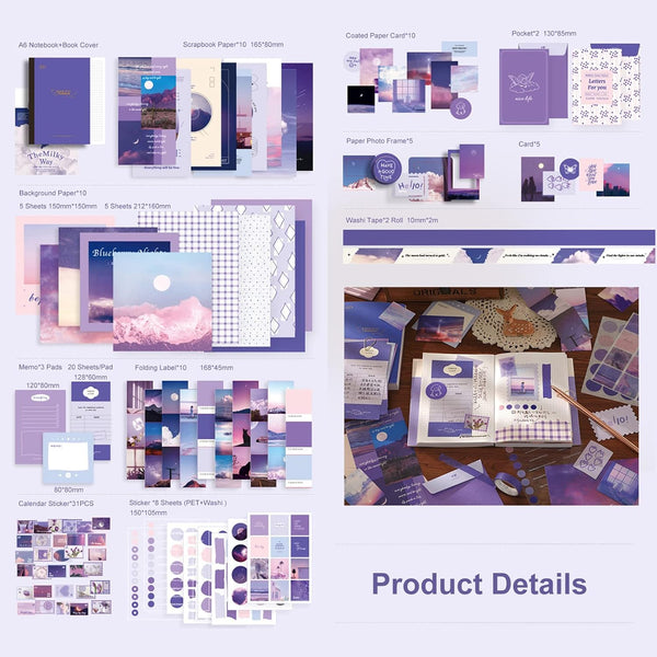 Aesthetic Scrapbook Kit - Bullet Journal, A6 Grid Notebook, Purple