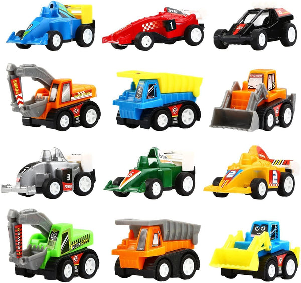 12 Pack Pull Back Vehicles - Mini Construction & Race Cars for Kids