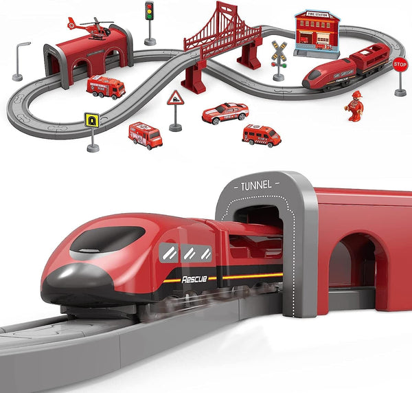 Battery Operated Train Set - 66 Pcs Electric Railway Tracks, Toy Cars for Kids 3-7