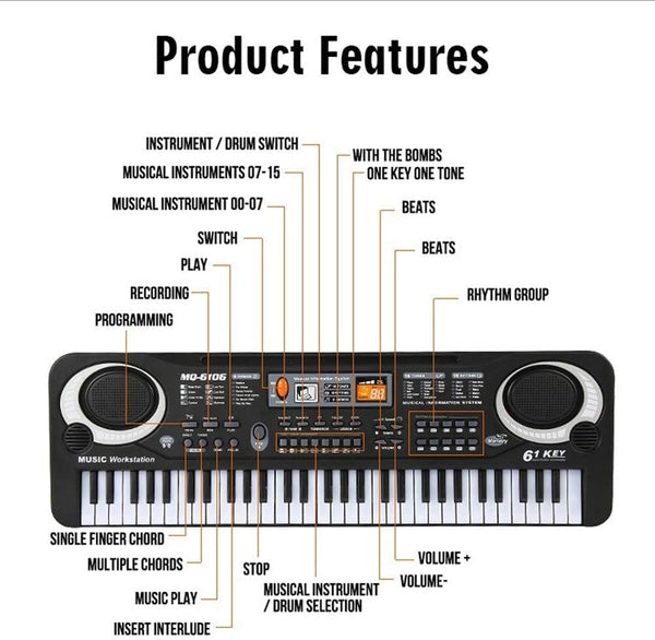 Dubkart 61-Key Digital Music Piano Keyboard & Microphone With Dual Speakers