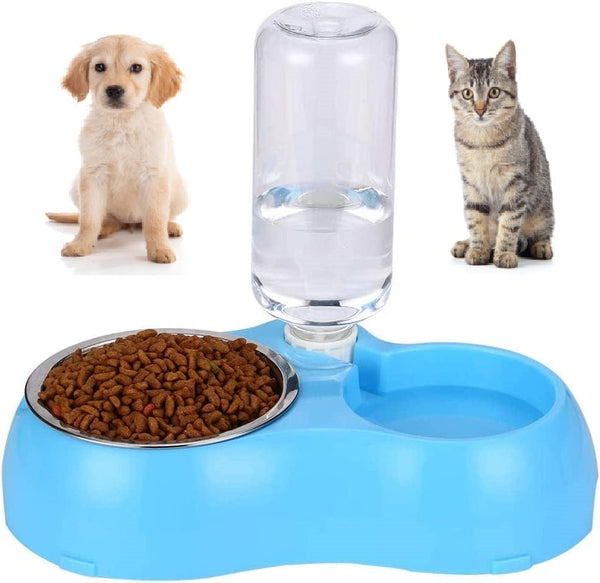 Dubkart Automatic Pet Dog Cat Food Drinking Feeding Water Double Bowl (Blue)