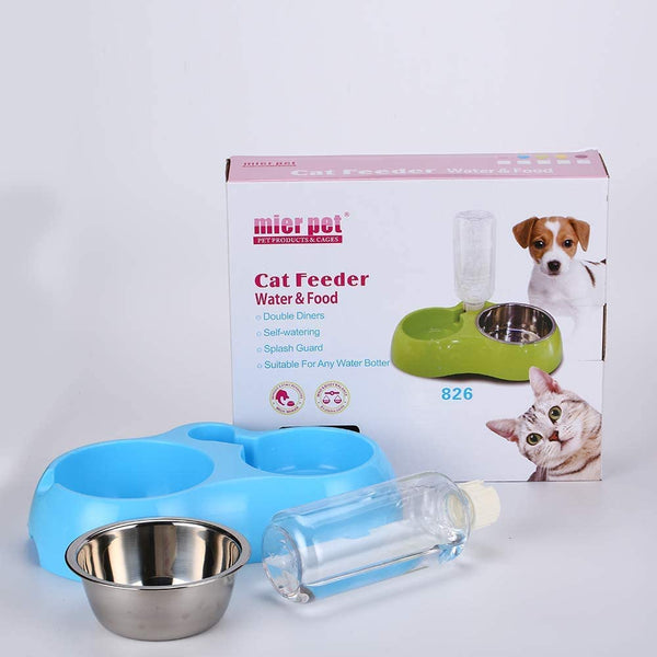 Dubkart Automatic Pet Dog Cat Food Drinking Feeding Water Double Bowl (Blue)