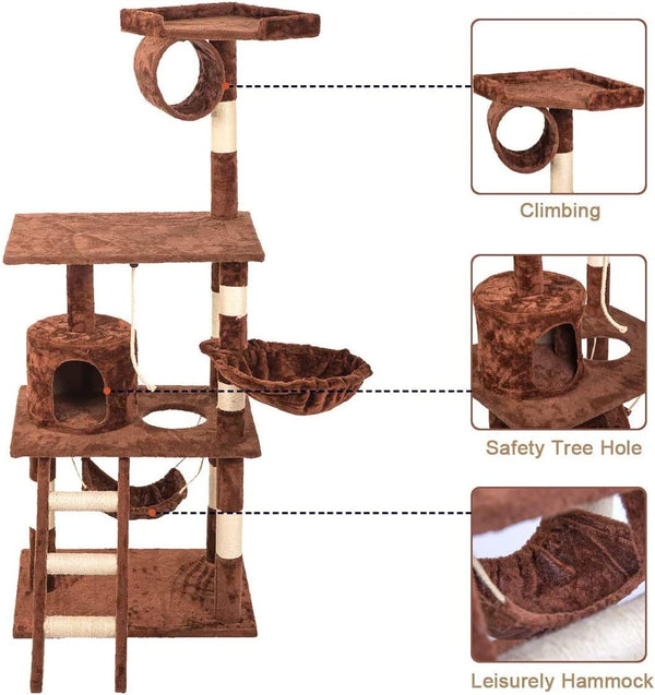 Dubkart Cat Tree Cat Tower Condo Activity Tree with Hammock 5ft (Brown)