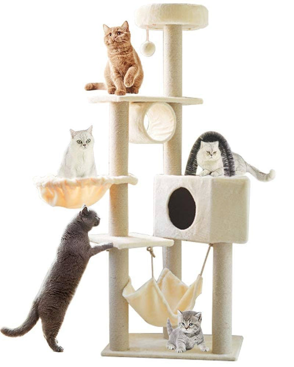 Dubkart Cat Tree Tower Activity Condo with Hammock 5.25ft (Beige Black)