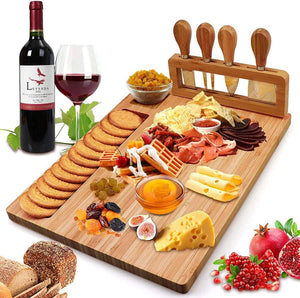 Dubkart Cutlery Bamboo Cheese Board Serving Tray & 4 Knives Set