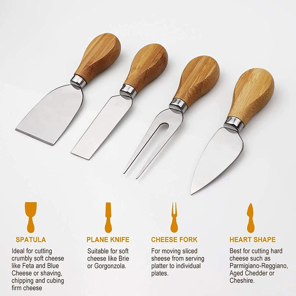 Dubkart Cutlery Bamboo Cheese Board Serving Tray & 4 Knives Set