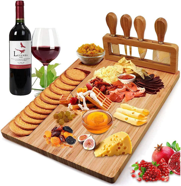 Dubkart Cutlery Bamboo Cheese Board Serving Tray & 4 Knives Set