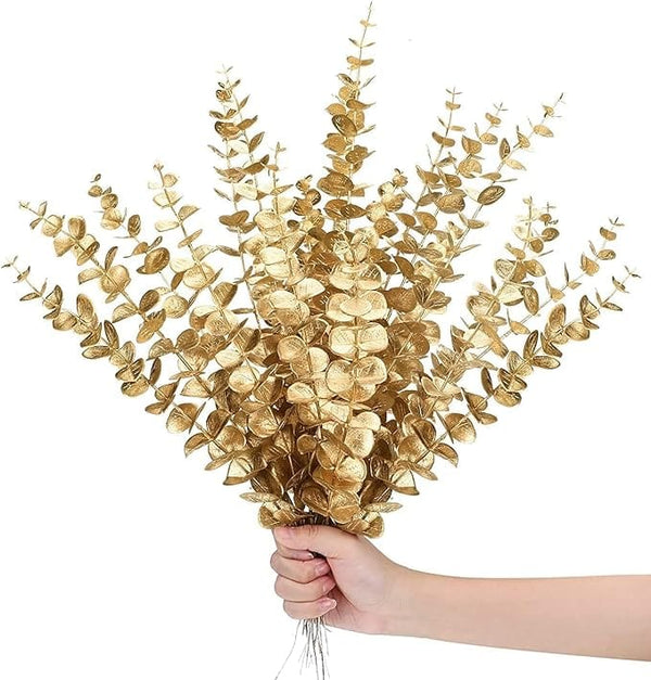 Dubkart DUBKART 12Pcs Eucalyptus Stem Artificial Decor，Eucalyptus Leaves Fake Greenery Branches for Wedding Centerpiece Flower Floral Farmhouse Home Decoration (Gold)