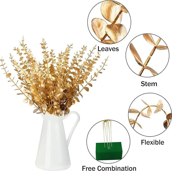 Dubkart DUBKART 12Pcs Eucalyptus Stem Artificial Decor，Eucalyptus Leaves Fake Greenery Branches for Wedding Centerpiece Flower Floral Farmhouse Home Decoration (Gold)