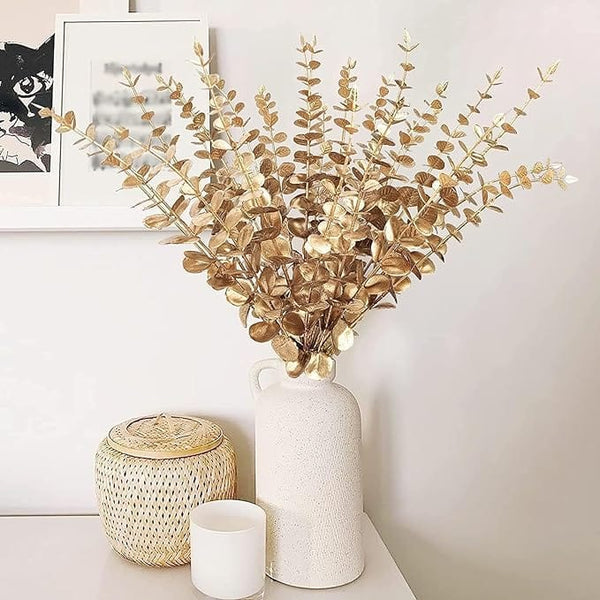 Dubkart DUBKART 12Pcs Eucalyptus Stem Artificial Decor，Eucalyptus Leaves Fake Greenery Branches for Wedding Centerpiece Flower Floral Farmhouse Home Decoration (Gold)