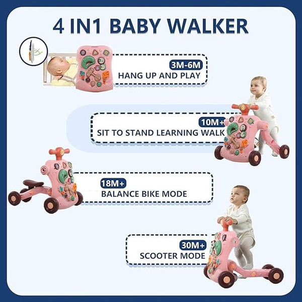 Dubkart DUBKART 4 in 1 Walker for Baby, Baby Push Walker, Assemble as Scooter/Balance bike/Detachable Panel, Walking Toys for Infants 3-12 Months, Pink