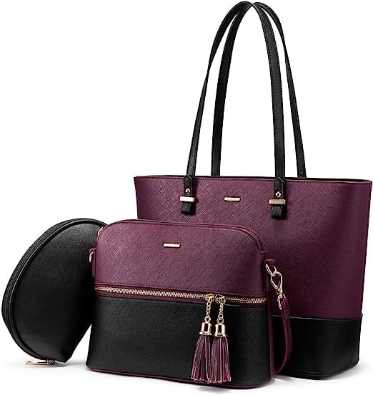 Dubkart Handbags 3 PCS Women's Tote Handbag Set (Purple and Black)