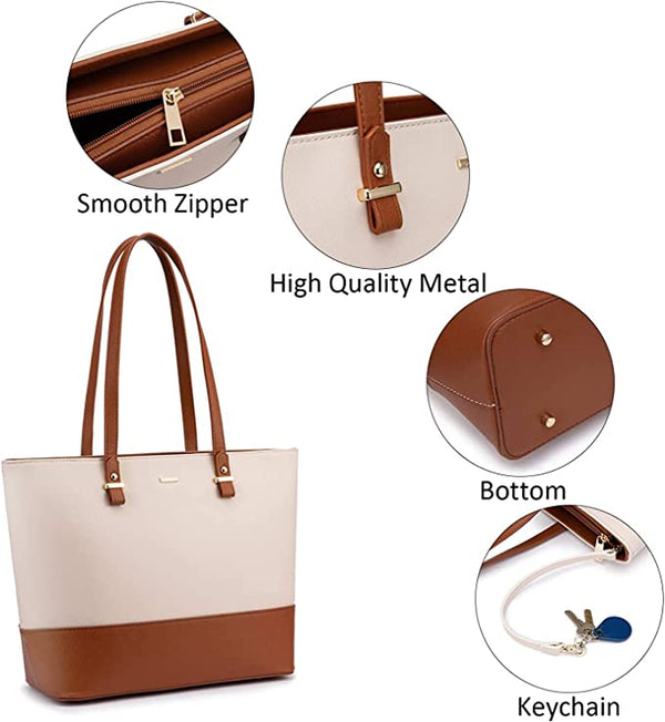 Dubkart Handbags 3 PCS Women's Tote Handbag Set (White and Brown)