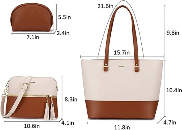 Dubkart Handbags 3 PCS Women's Tote Handbag Set (White and Brown)