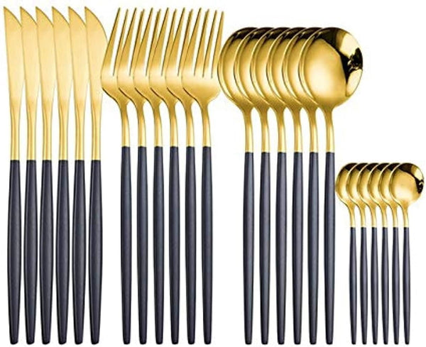 Dubkart Kitchen accessories 24 PCS Stainless Steel Flatware Dining Cutlery Set (Black Gold)