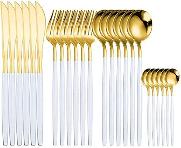 Dubkart Kitchen accessories 24 PCS Stainless Steel Flatware Dining Cutlery Set (White Gold)
