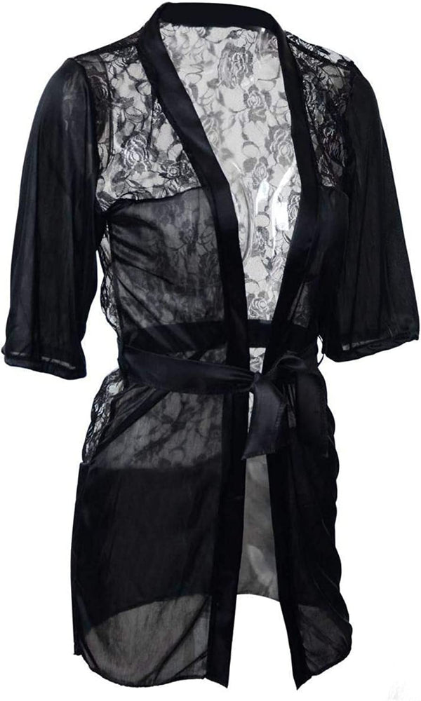Dubkart Lingerie Black Satin Hot Lingerie Nightgown With G-String