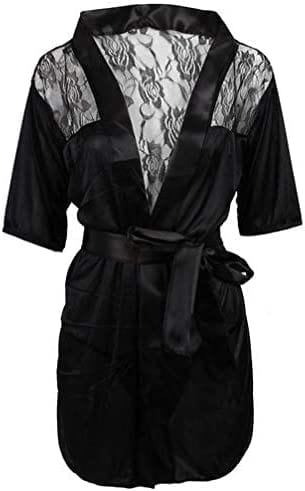 Dubkart Lingerie Black Satin Hot Lingerie Nightgown With G-String