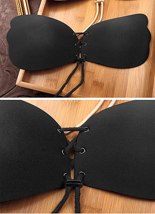 Dubkart Lingerie Strapless Backless Invisible Push Up Bra Self Adhesive (Black)