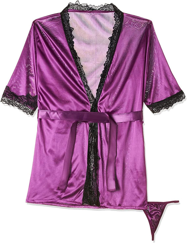 Dubkart Lingerie Women's Silk Robe Lingerie with G String (Purple)