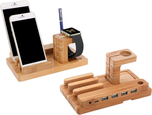 Dubkart Organizers 4 Port USB Bamboo Wood Dock Charger For Mobiles Tablets