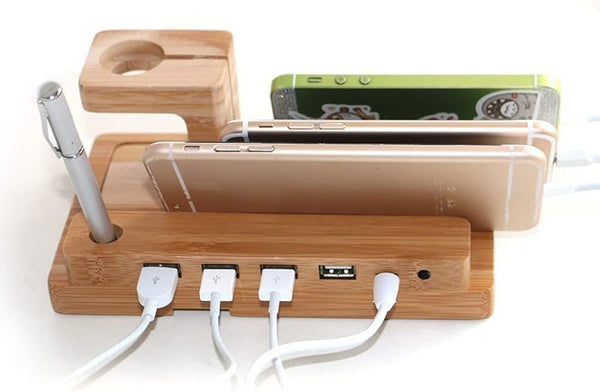 Dubkart Organizers 4 Port USB Bamboo Wood Dock Charger For Mobiles Tablets