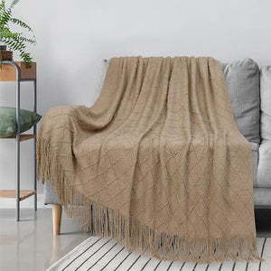 Dubkart Organizers DUBKART Tassel Design Soft Blanket Keep Warm Cotton Beige 127 x 172cm