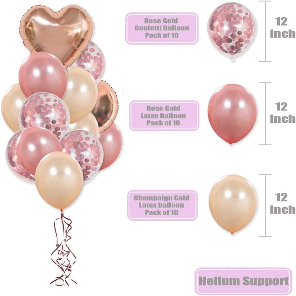 Dubkart Rose Gold Confetti Heart Balloons & Foil Curtain Bachelorette Party Supply Kit