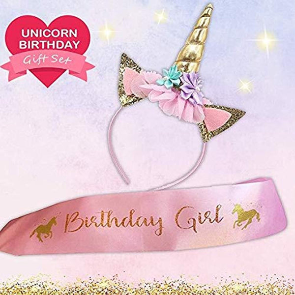 Dubkart Unicorn Headbands & Sash Birthday Girl Party Supplies Kit Set