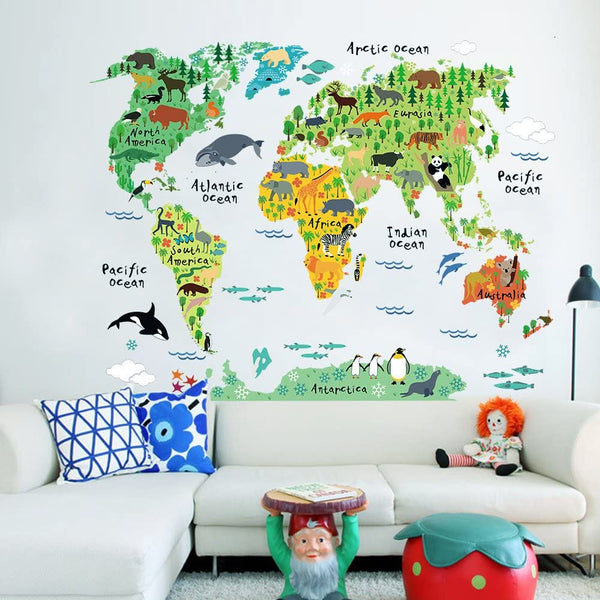 Dubkart Wall stickers World Map & Animals Wall Sticker For Kids Room